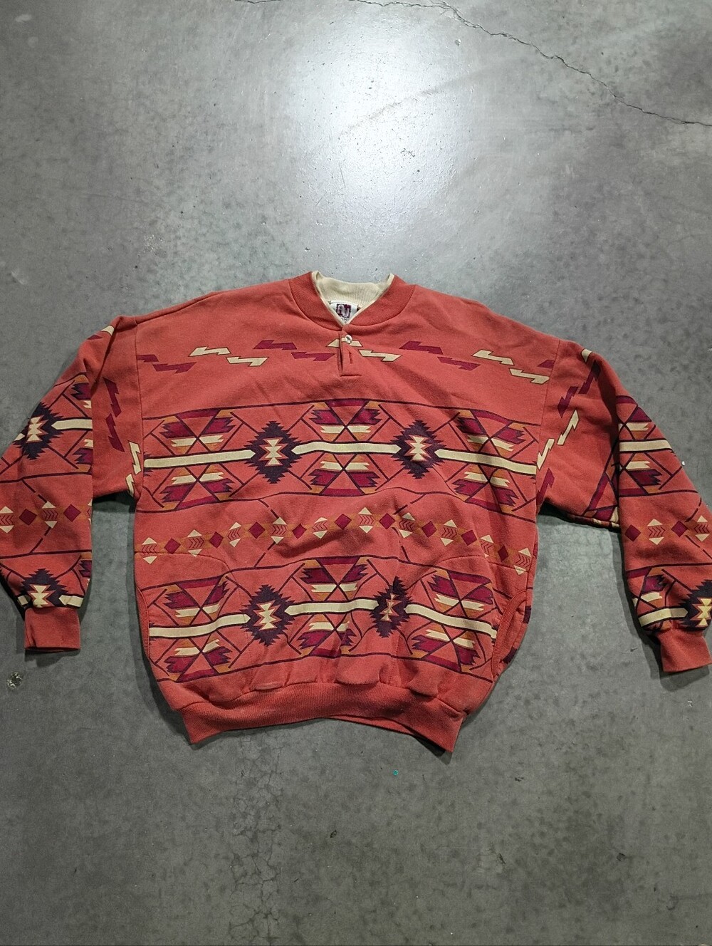 Art Unlimited Vintage Aztec Tribal Henley Orange Pullover Sweatshirt Men's XL